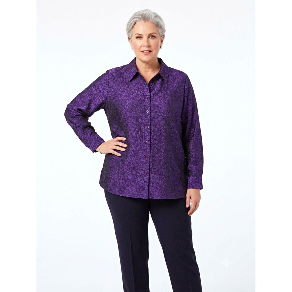 Avenue Womens Top 26/28  Purple Floral Jacquard Button Front Collared LS Career